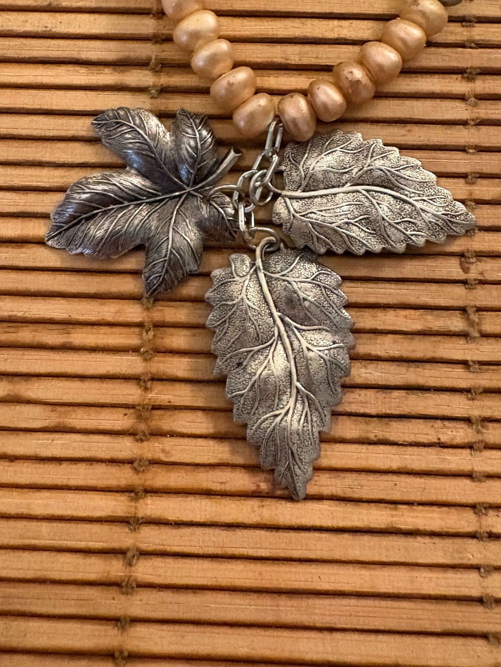 Bead and Metalic Leaves Necklace in Champagne and Silver tone